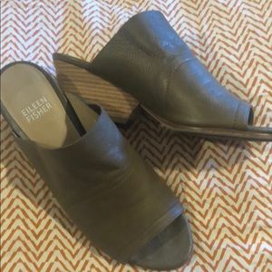 Eileen Fisher olive leather wedges/slides size 6